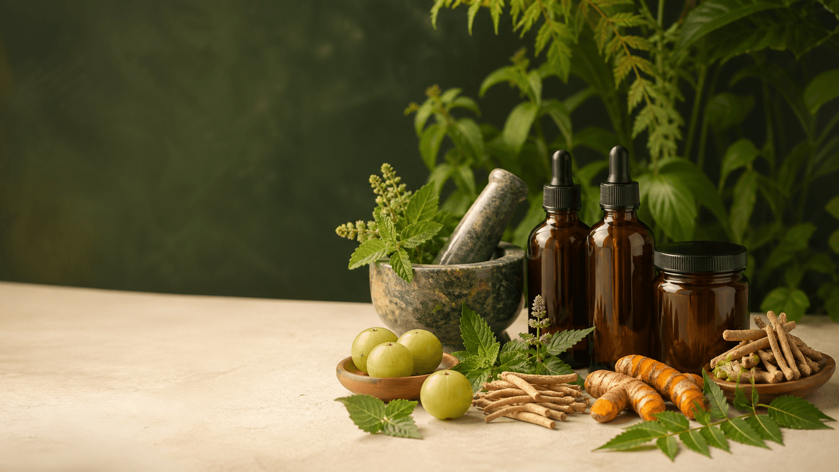 Ayurvedic herbs, mortar and amber wellness bottles